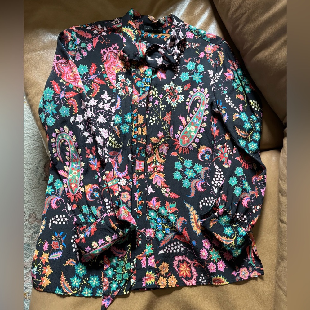 Etro Milano Black Silk Button-up Blouse - Floral Paisley - Designer - Size EU 40
